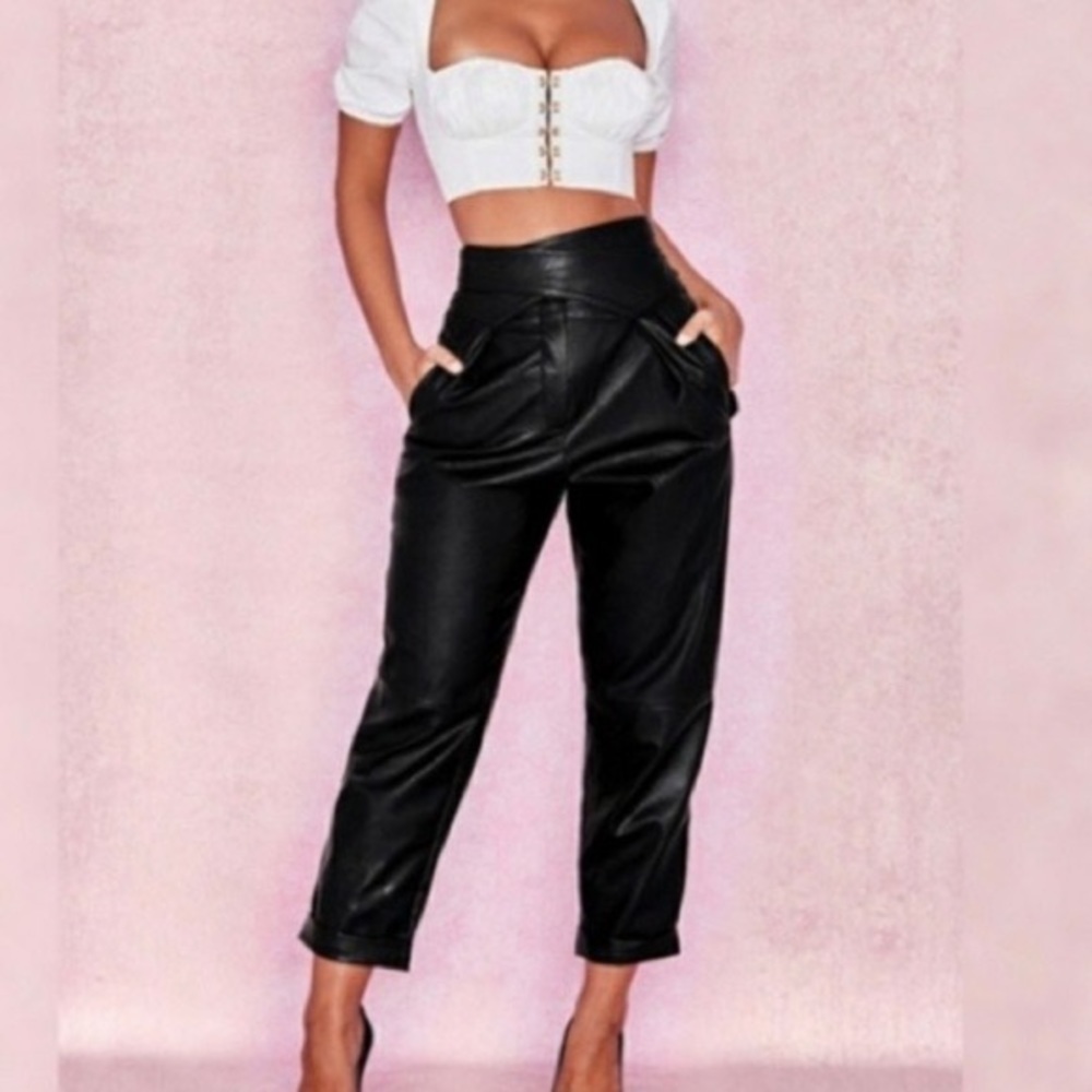 House of CB Pants Womens Small Black Faux Leather High Rise Wrap Belt Cropped